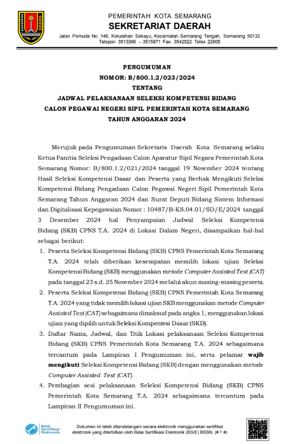 Jadwal Seleksi Kompetensi Bidang Calon Pegawai Negeri Sipil Pemerintah Kota Semarang Tahun Anggaran 2024